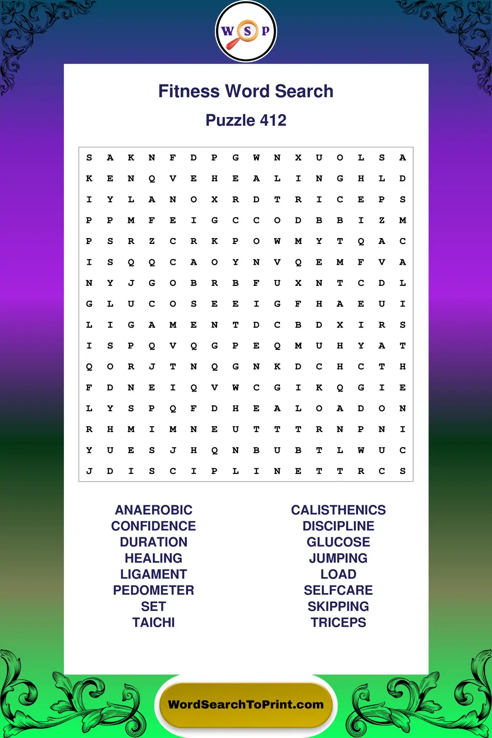 Fitness Word Search Puzzle 412