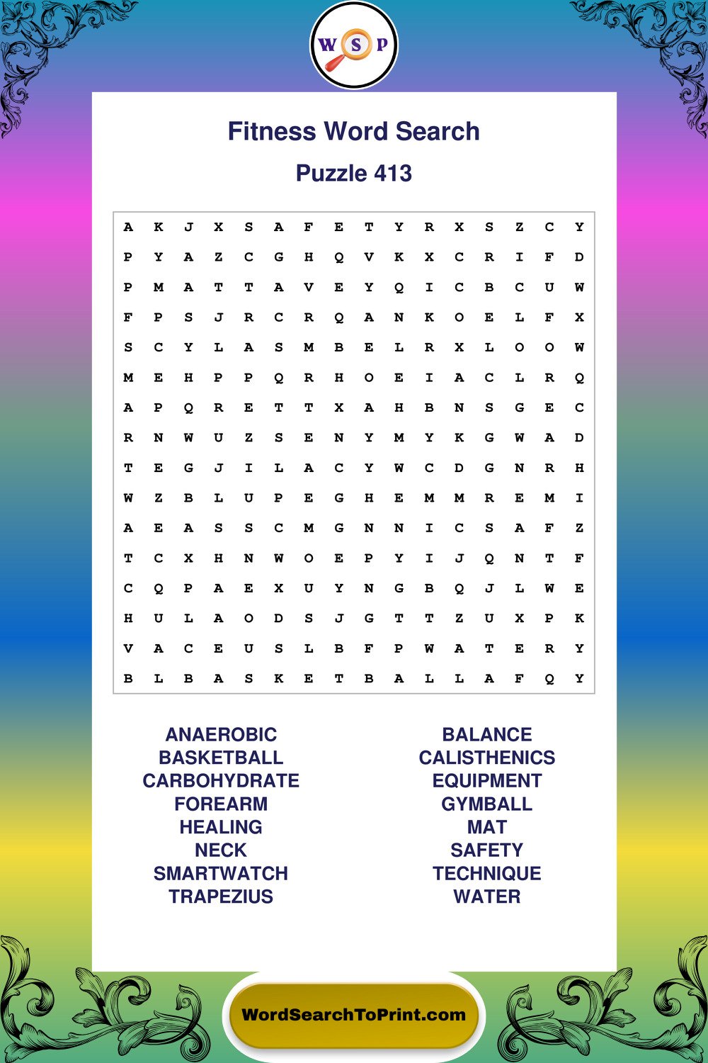 Fitness Word Search Puzzle 413
