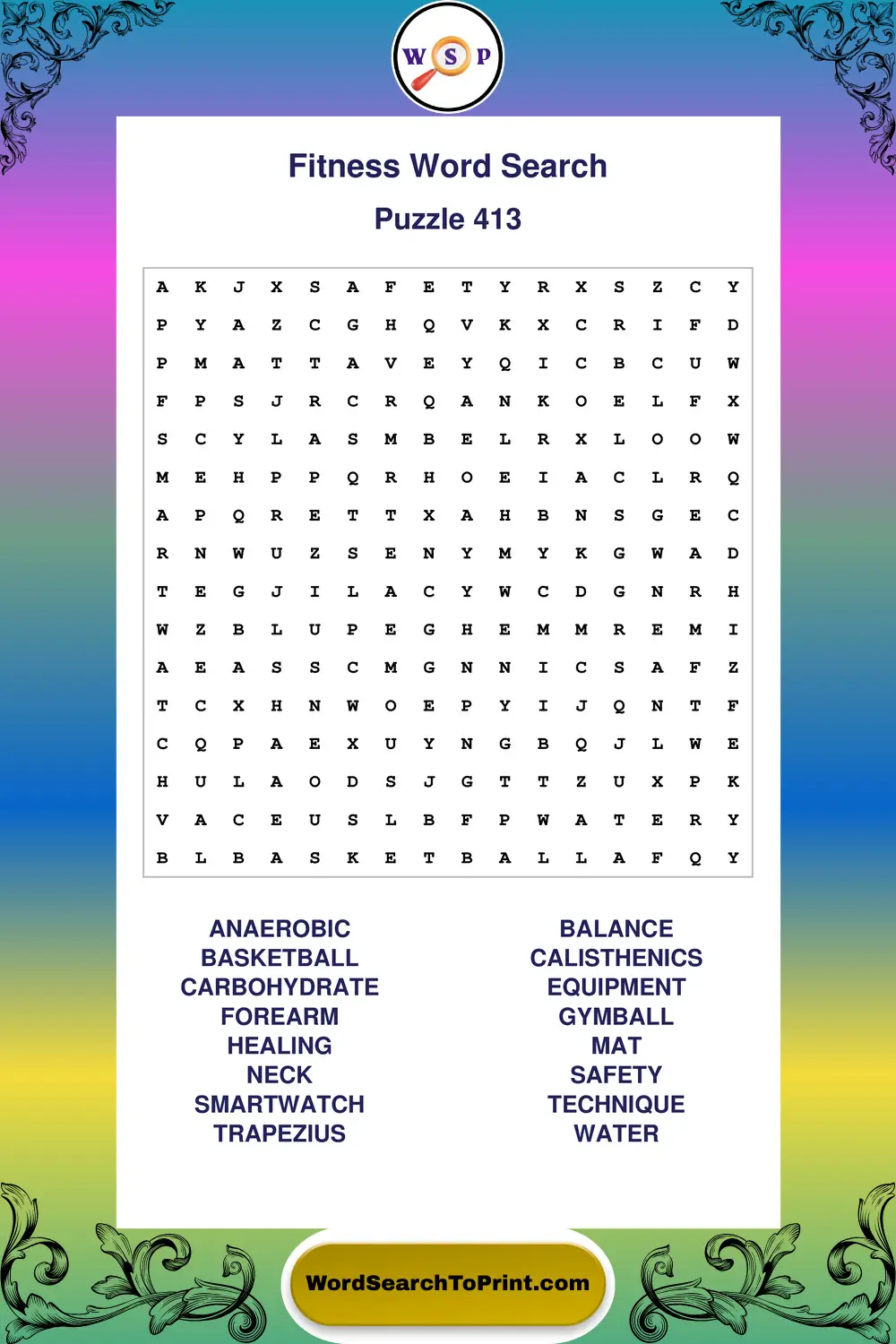 Fitness Word Search Puzzle 413