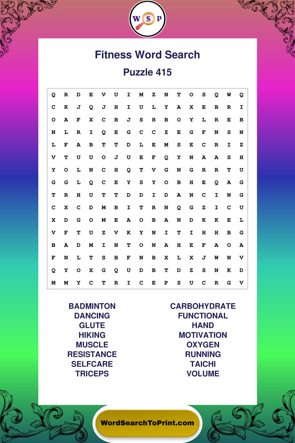 Fitness Word Search Puzzle 415
