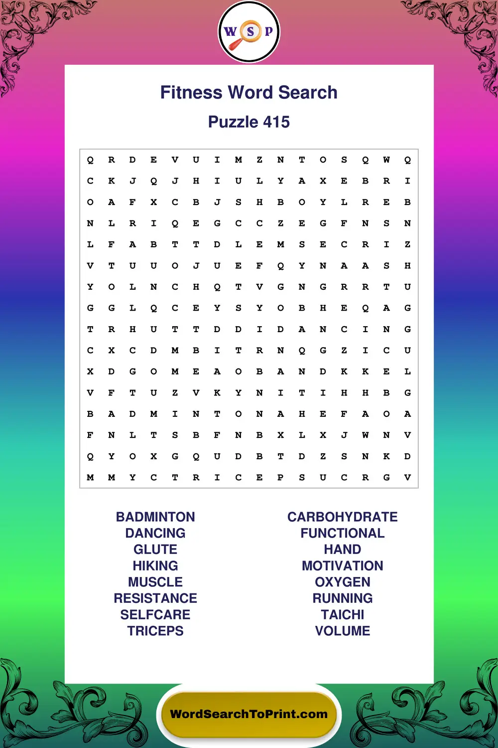Fitness Word Search Puzzle 415