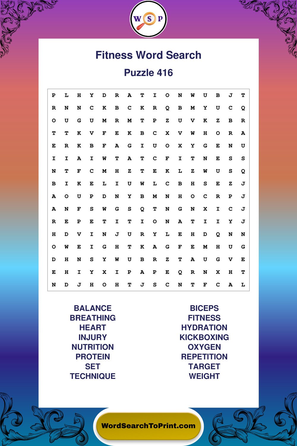 Fitness Word Search Puzzle 416