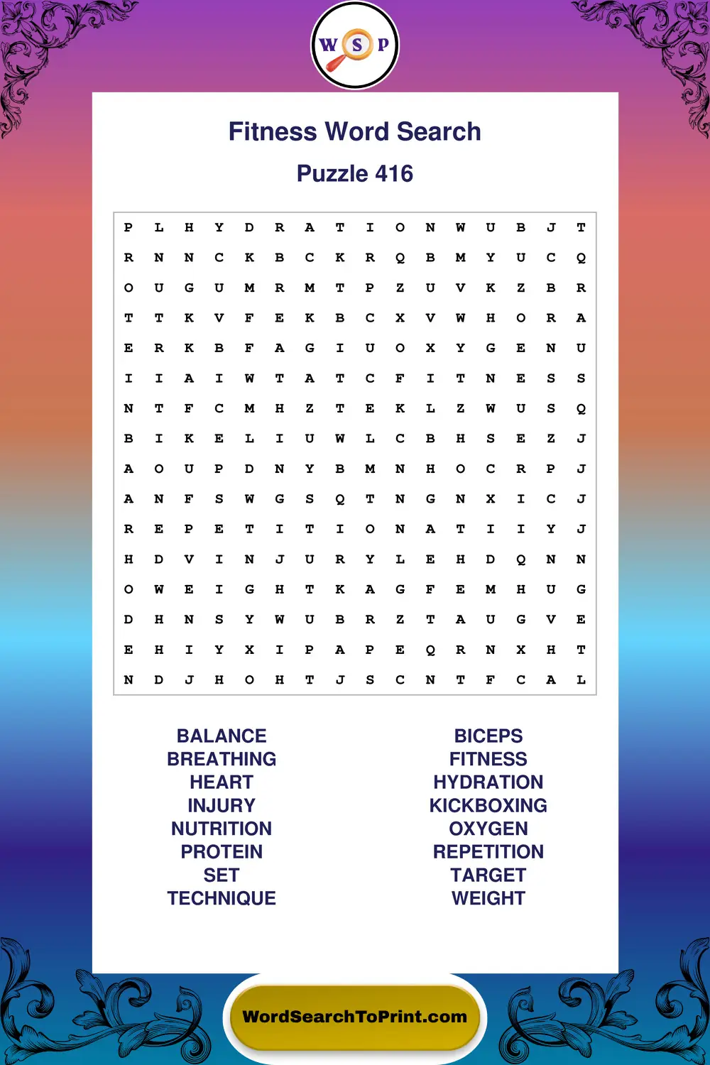 Fitness Word Search Puzzle 416