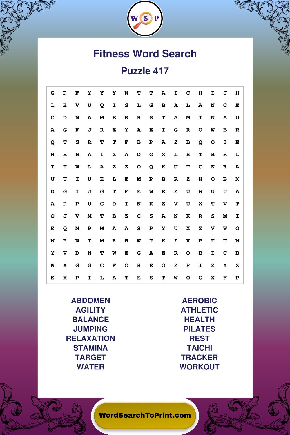 Fitness Word Search Puzzle 417
