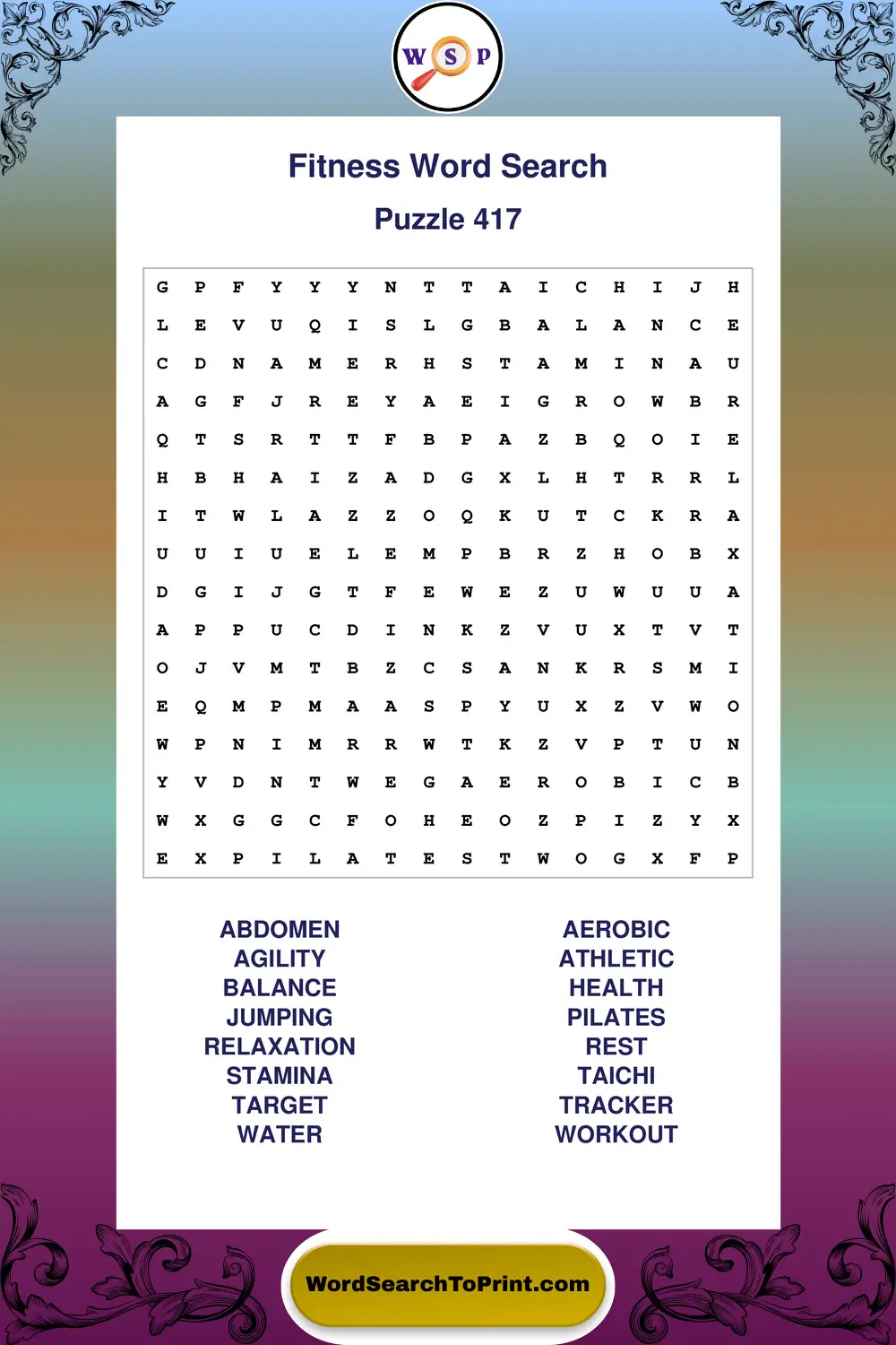 Fitness Word Search Puzzle 417