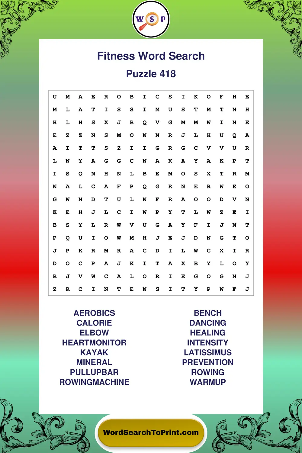 Fitness Word Search Puzzle 418