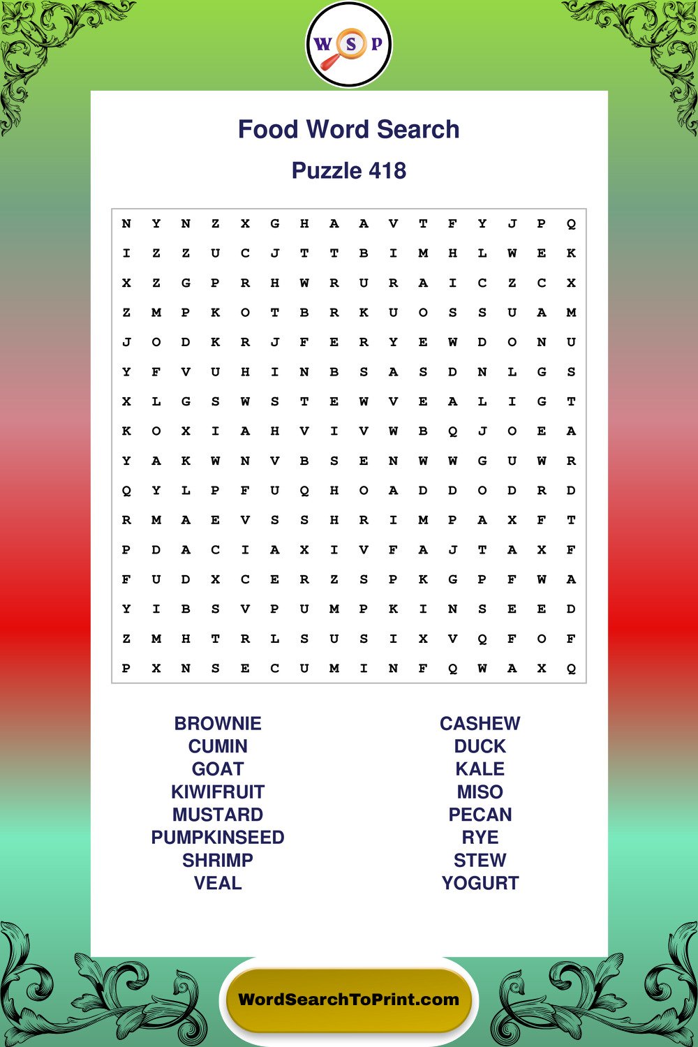 Food Word Search Puzzle 418