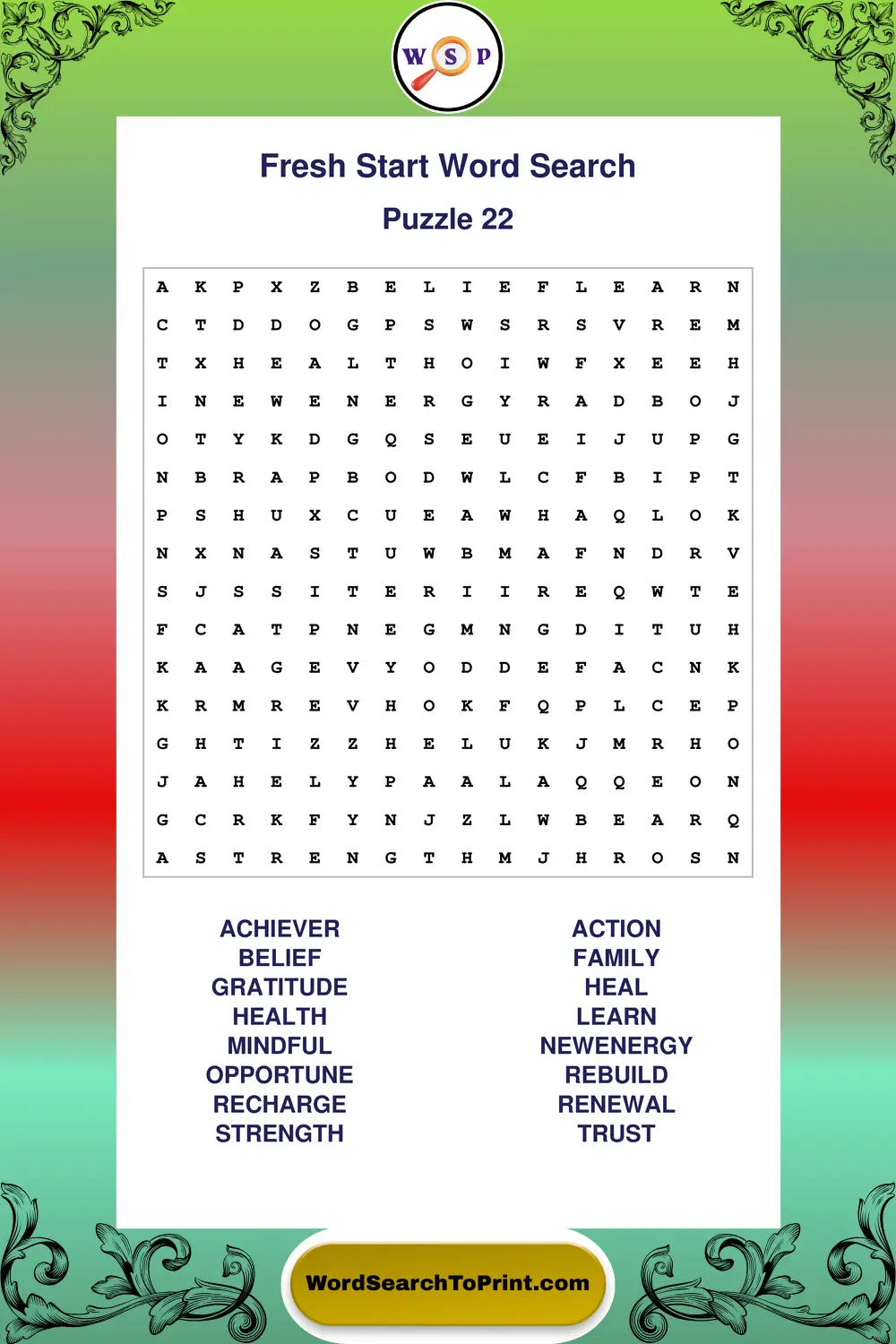 Fresh Start Word Search Puzzle 22