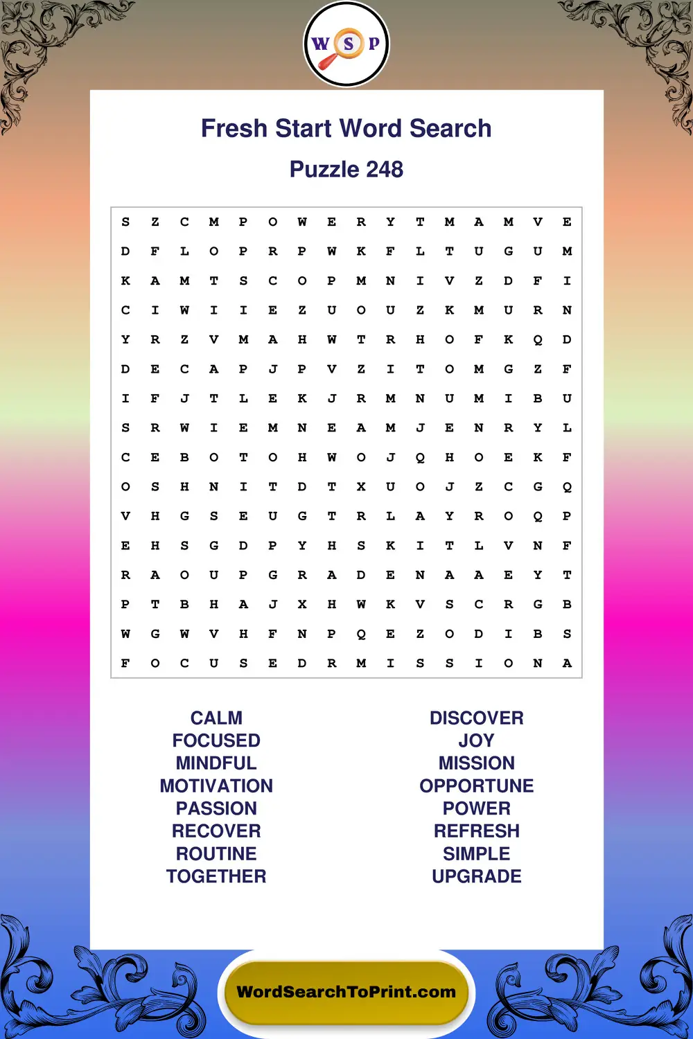 Fresh Start Word Search Puzzle 248