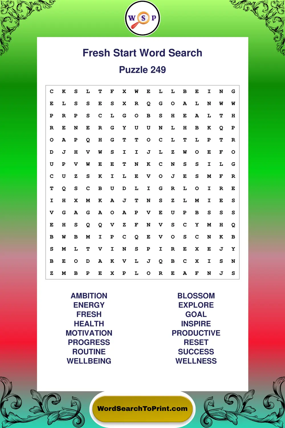 Fresh Start Word Search Puzzle 249