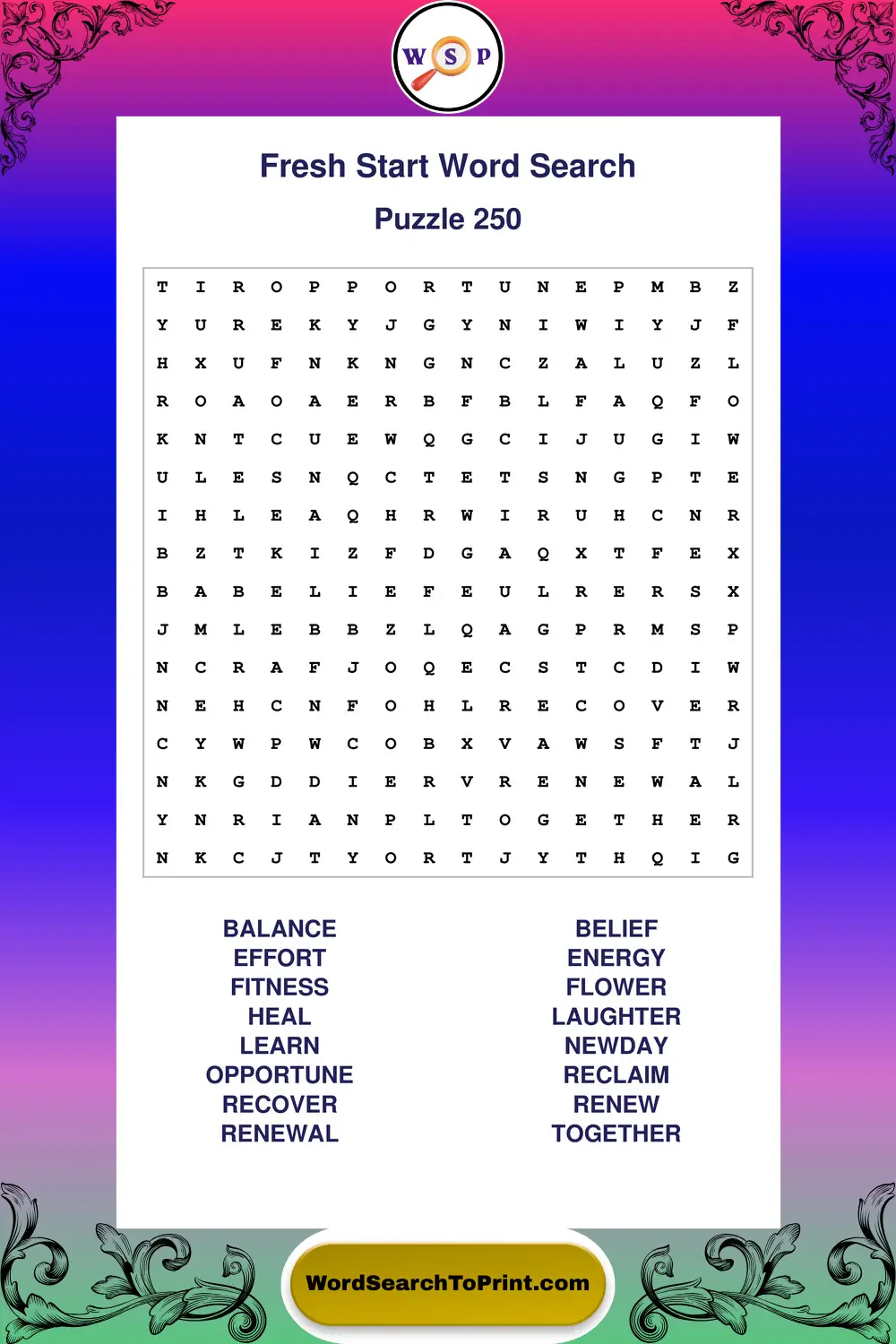 Fresh Start Word Search Puzzle 250