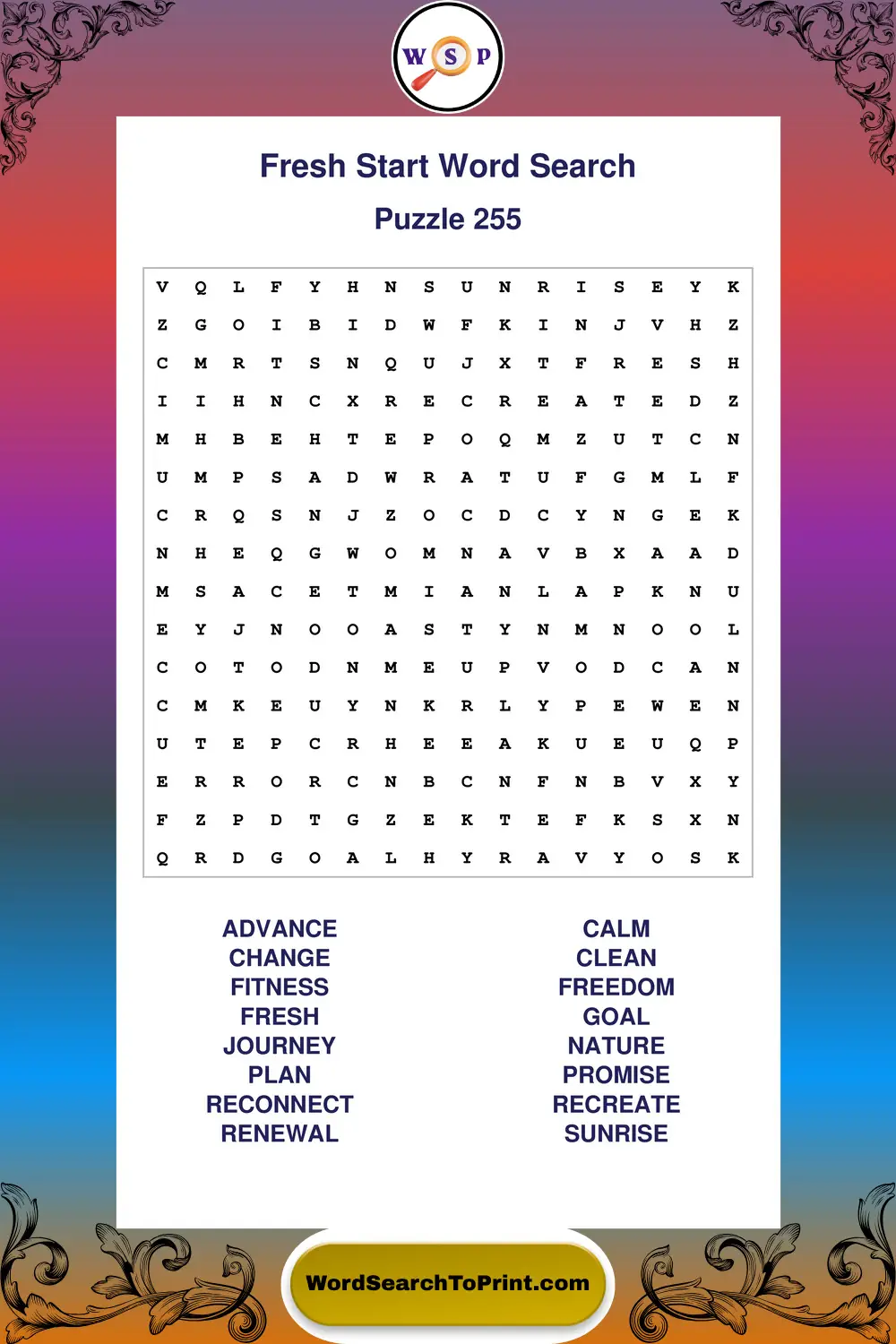 Fresh Start Word Search Puzzle 255