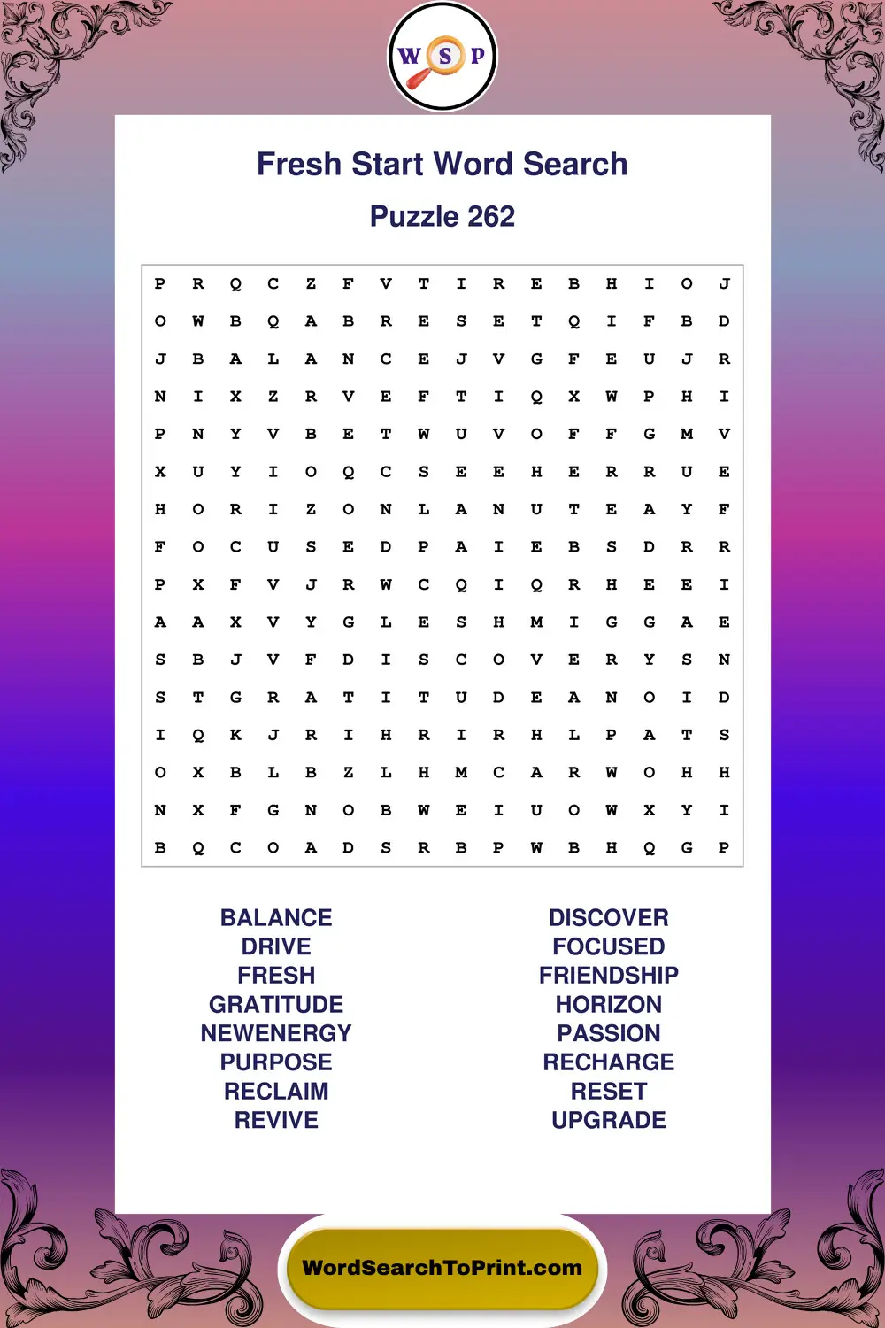 Fresh Start Word Search Puzzle 262