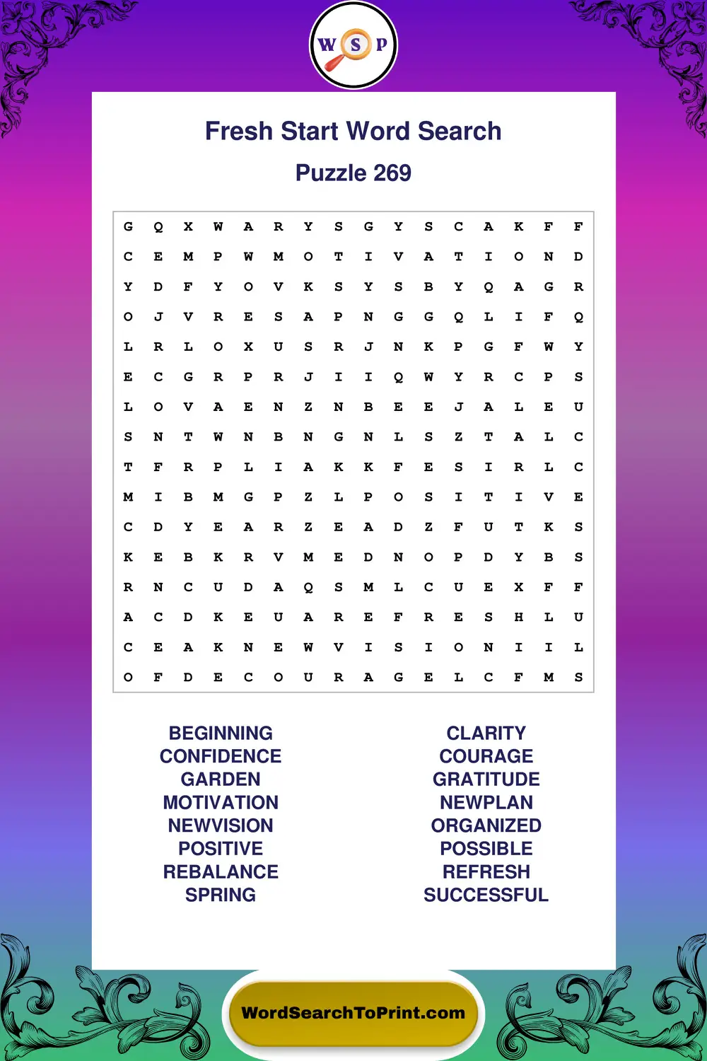 Fresh Start Word Search Puzzle 269