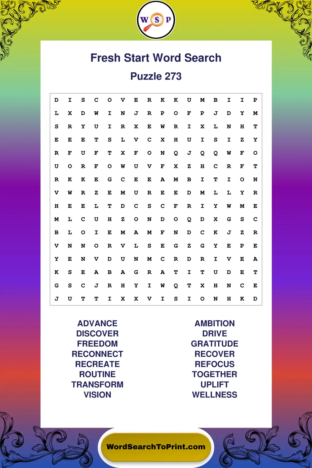Fresh Start Word Search Puzzle 273