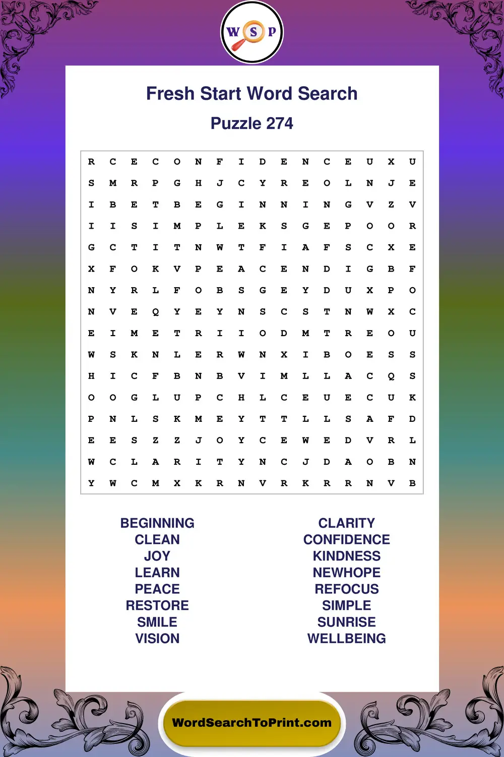 Fresh Start Word Search Puzzle 274