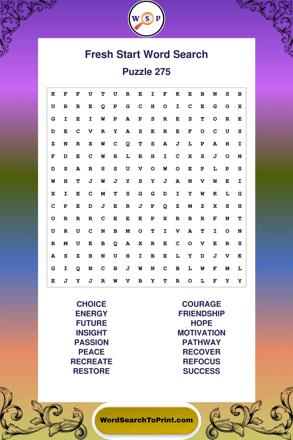 Fresh Start Word Search Puzzle 275