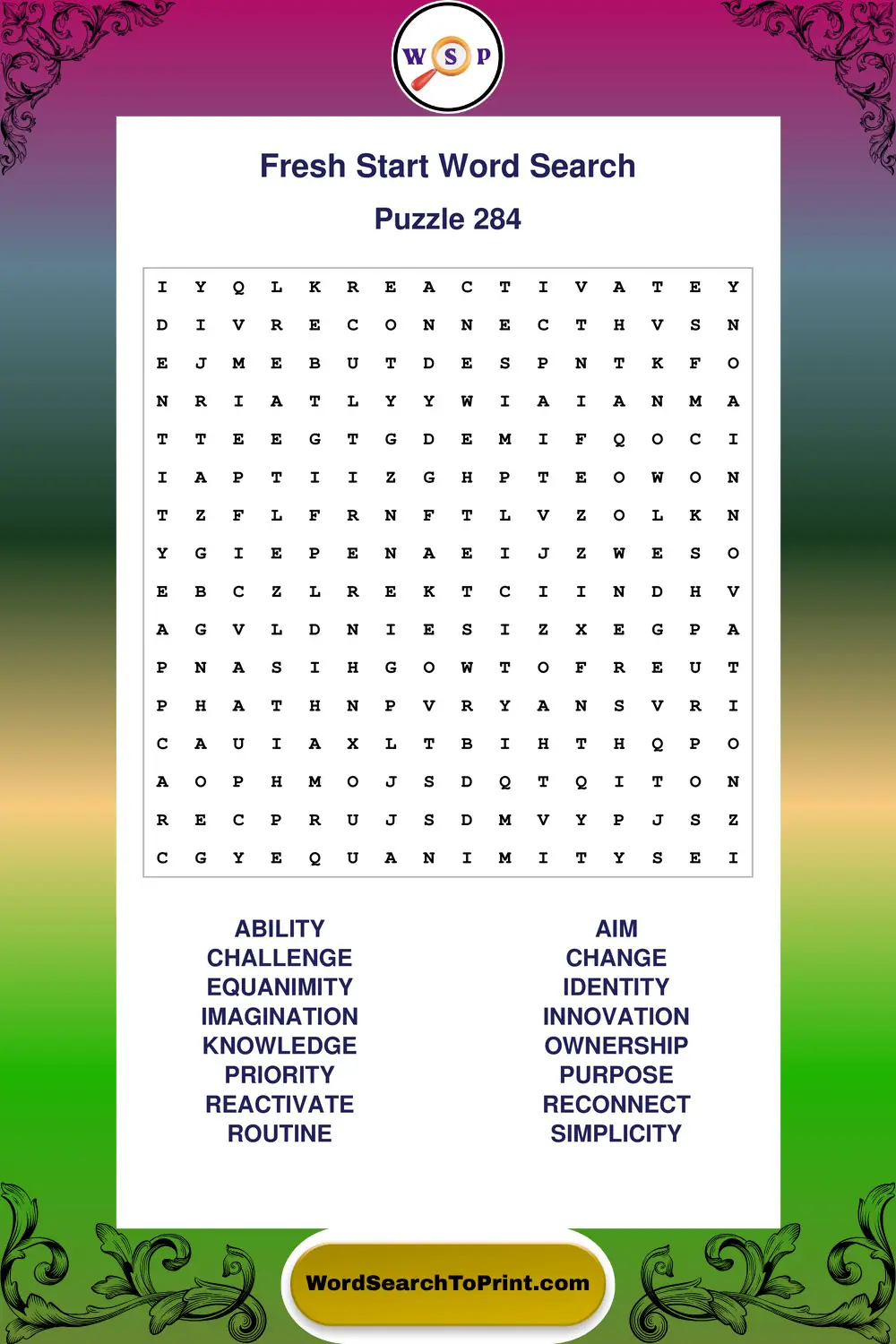 Fresh Start Word Search Puzzle 284