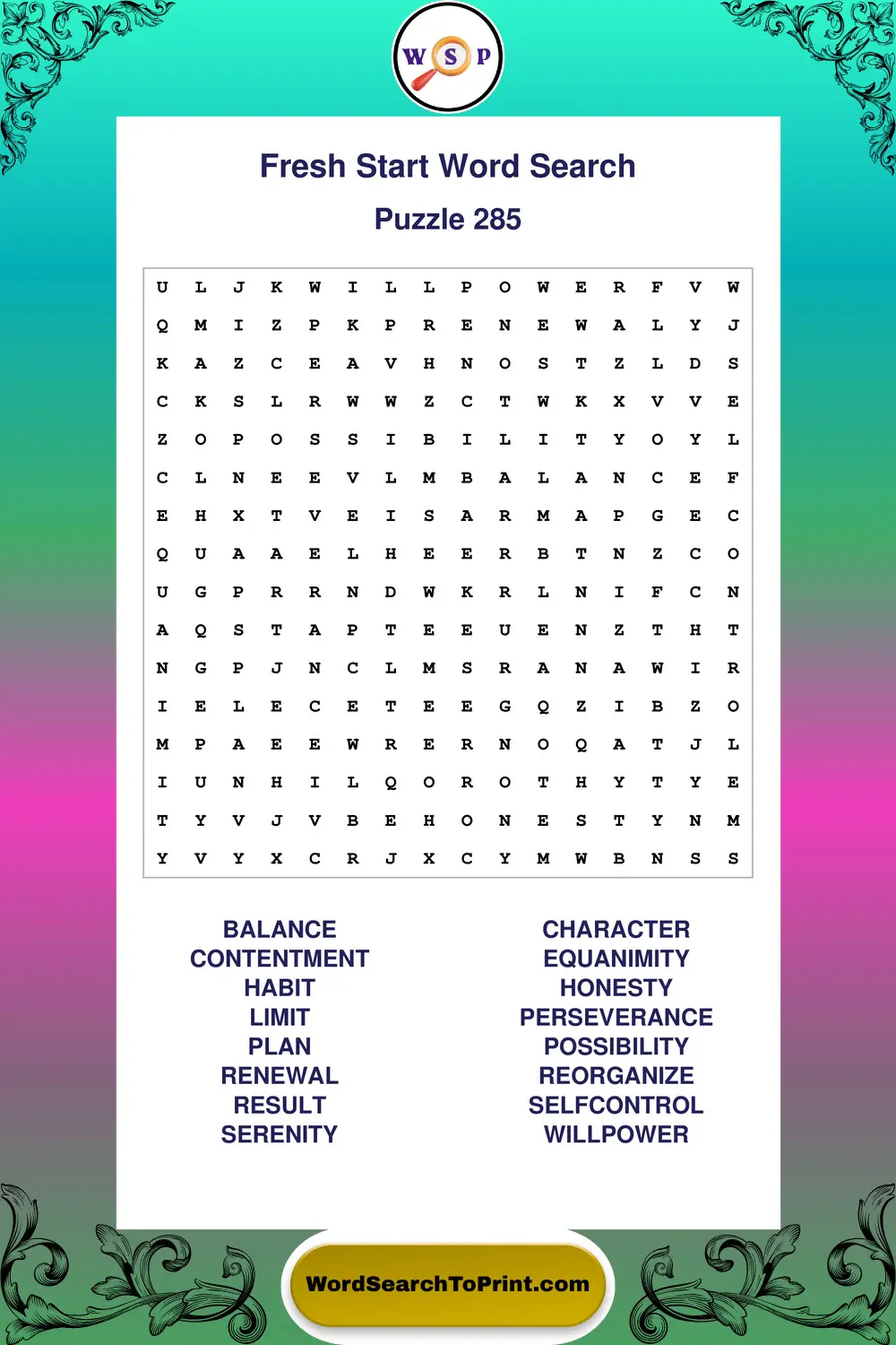 Fresh Start Word Search Puzzle 285