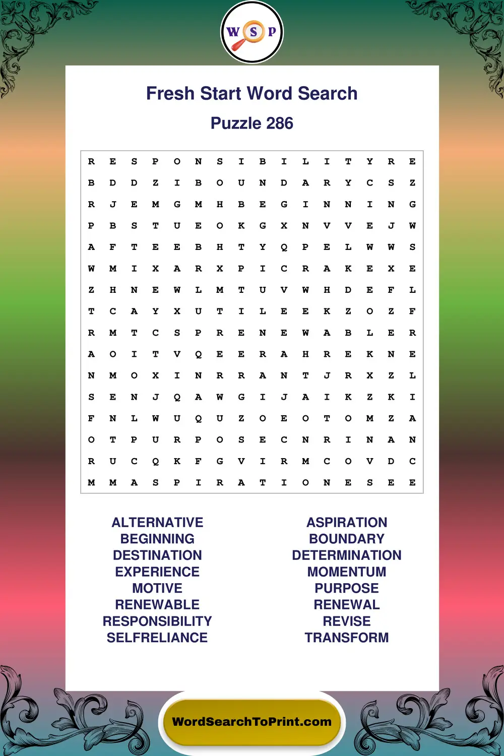 Fresh Start Word Search Puzzle 286