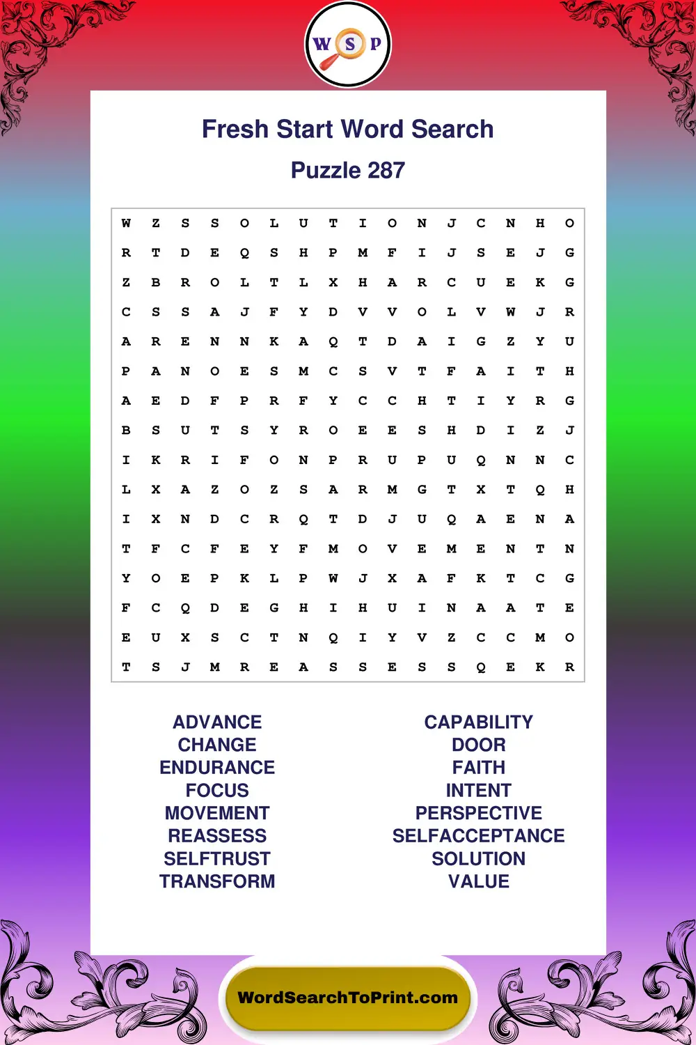 Fresh Start Word Search Puzzle 287