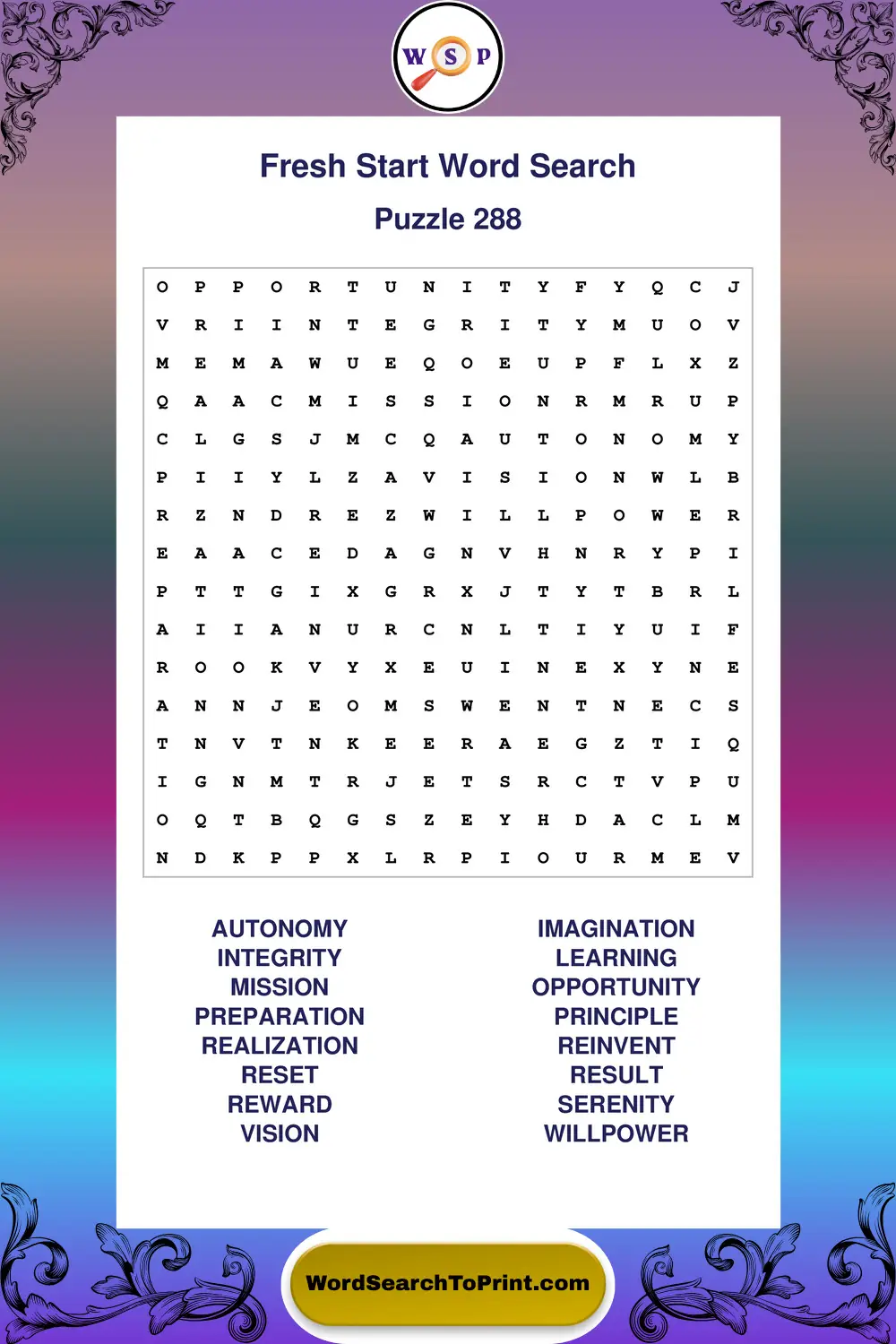 Fresh Start Word Search Puzzle 288