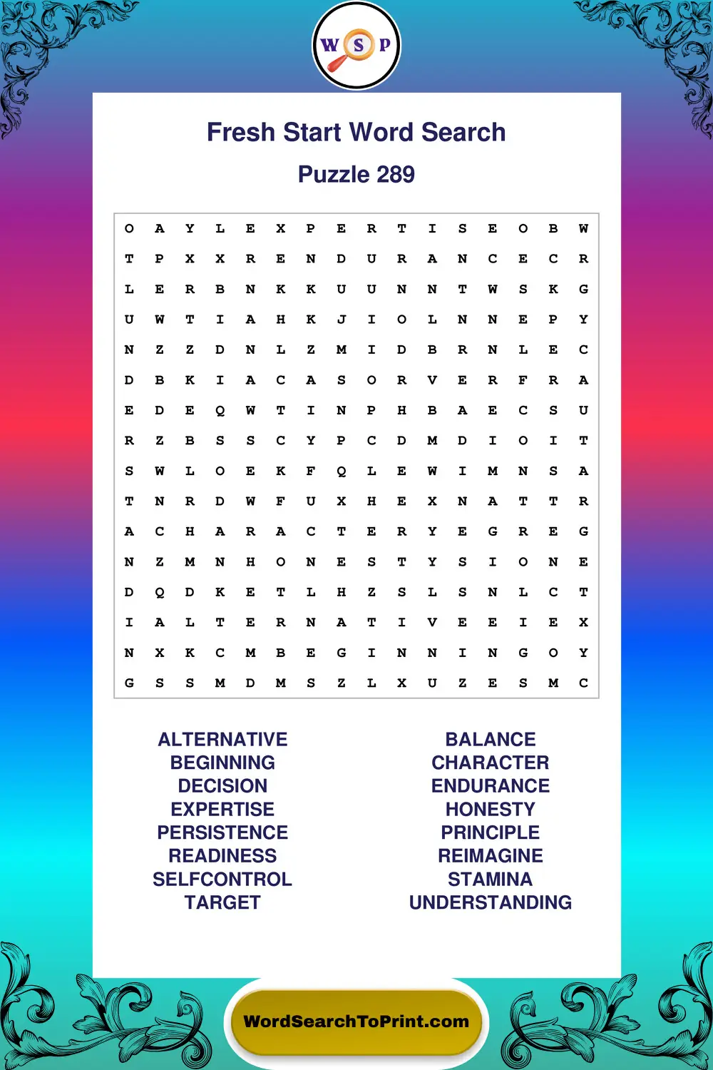 Fresh Start Word Search Puzzle 289