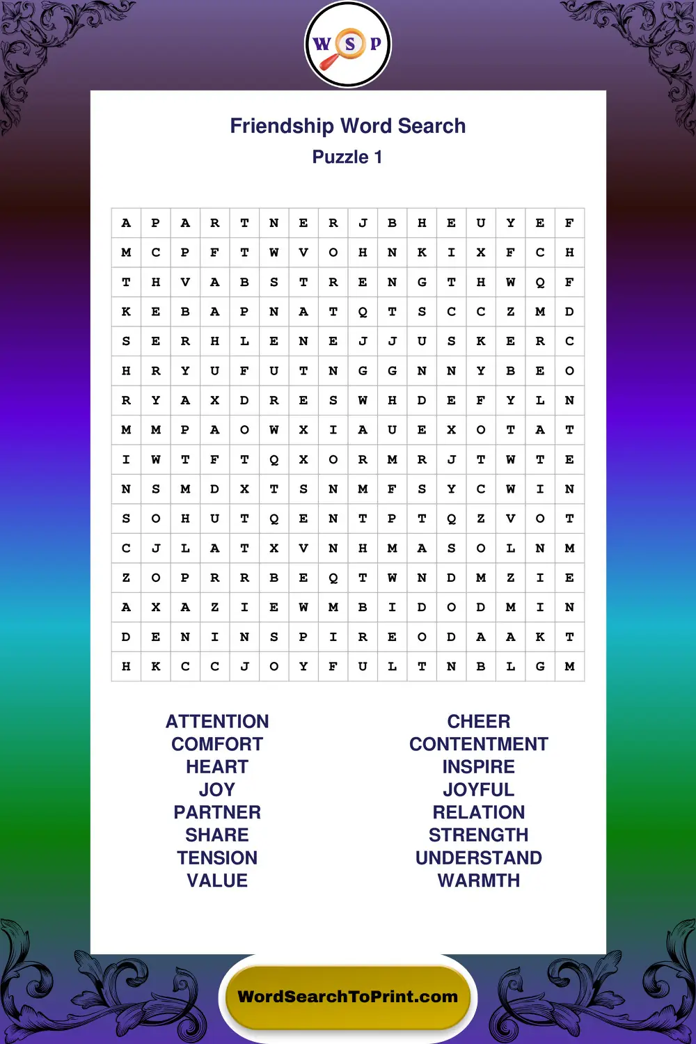 Friendship Word Search Puzzle 1