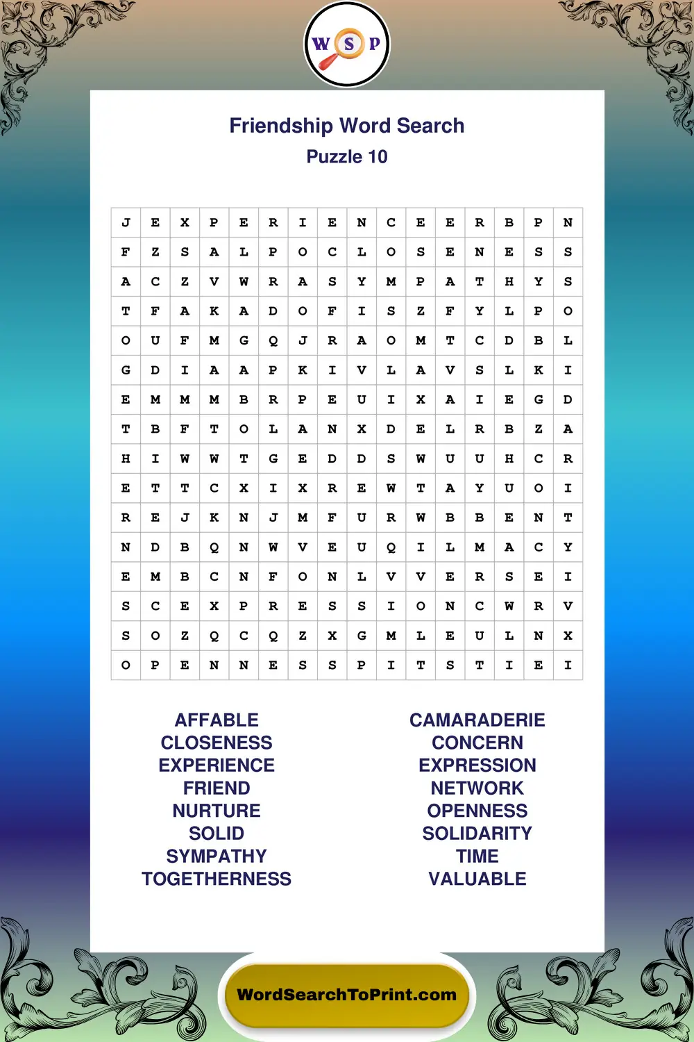 Friendship Word Search Puzzle 10
