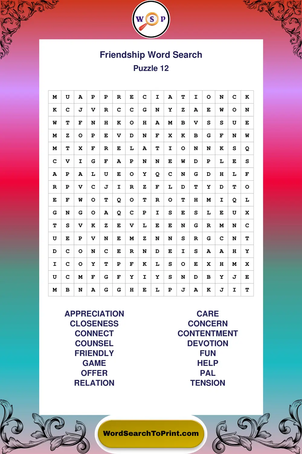 Friendship Word Search Puzzle 12