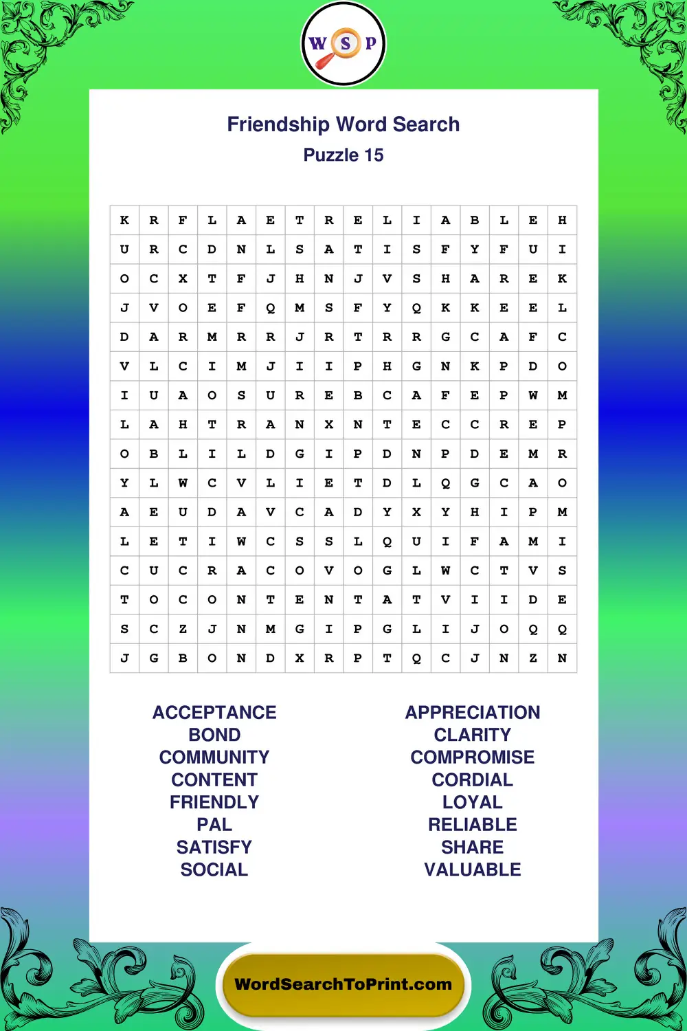 Friendship Word Search Puzzle 15