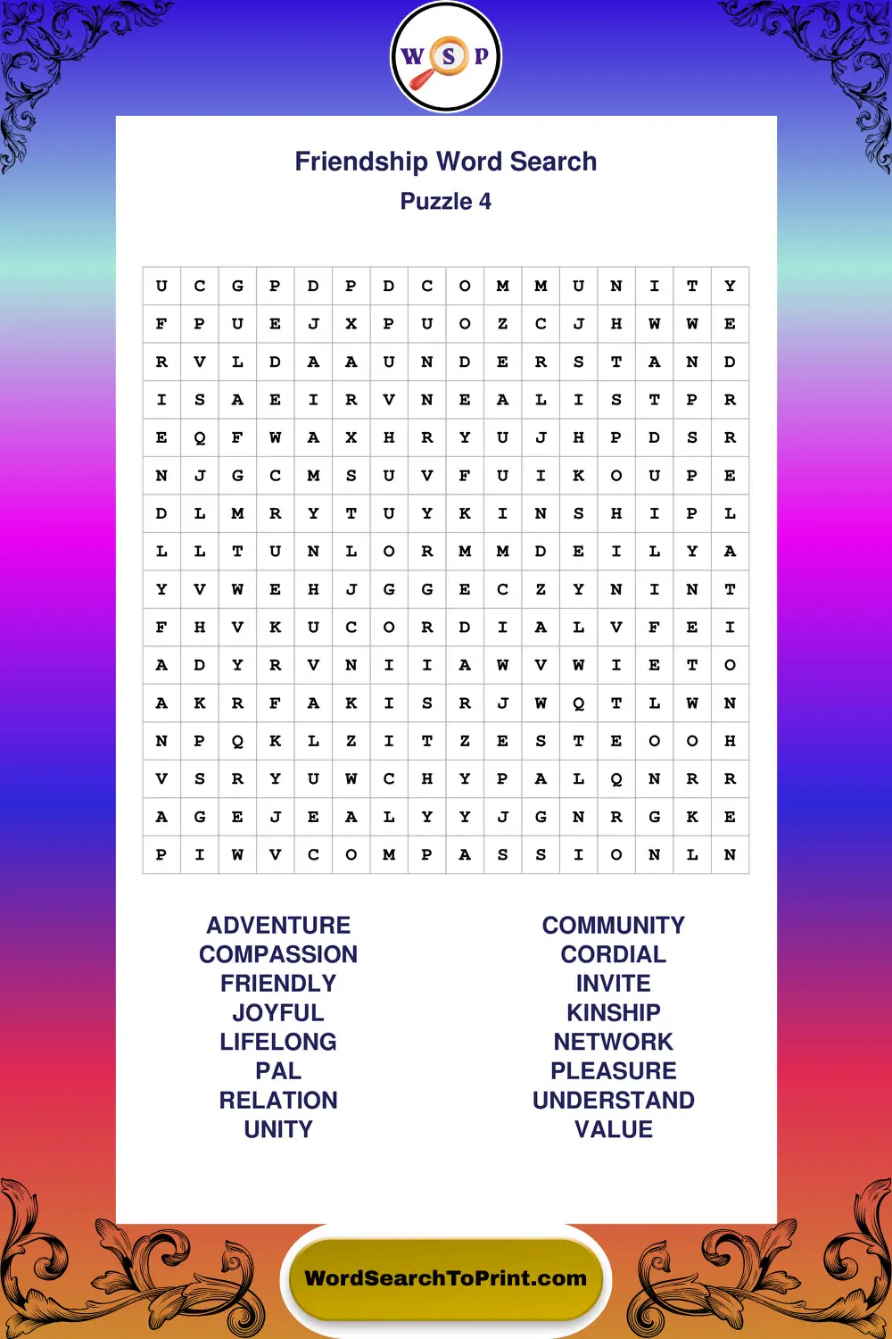 Friendship Word Search Puzzle 4