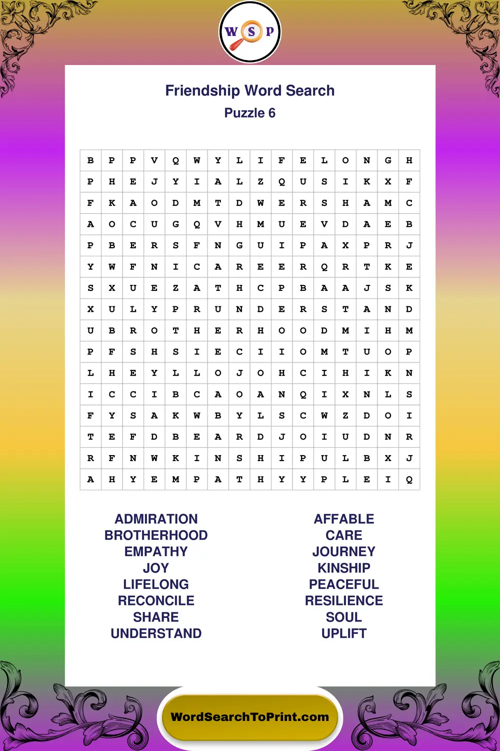 Friendship Word Search Puzzle 6