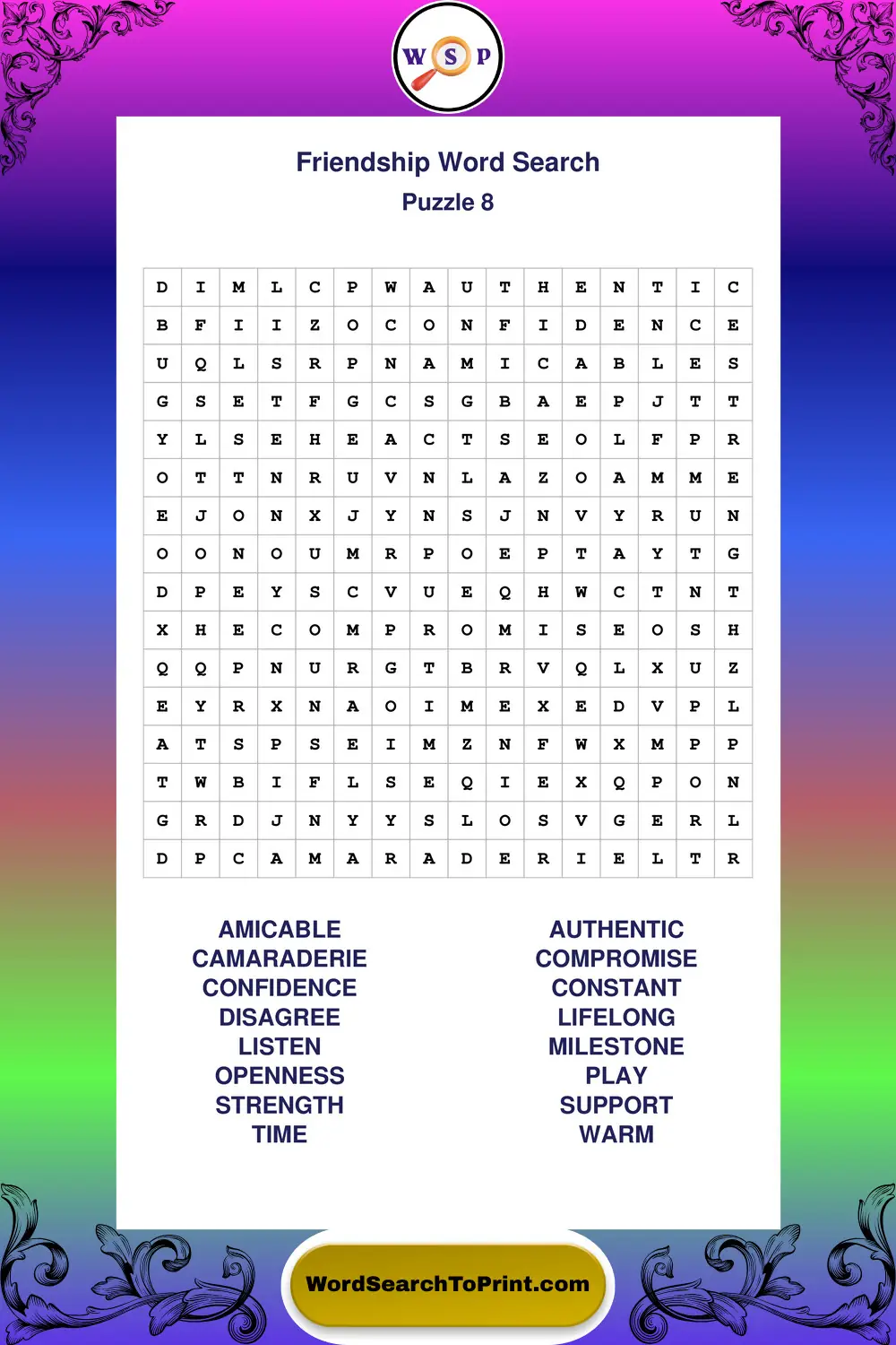 Friendship Word Search Puzzle 8