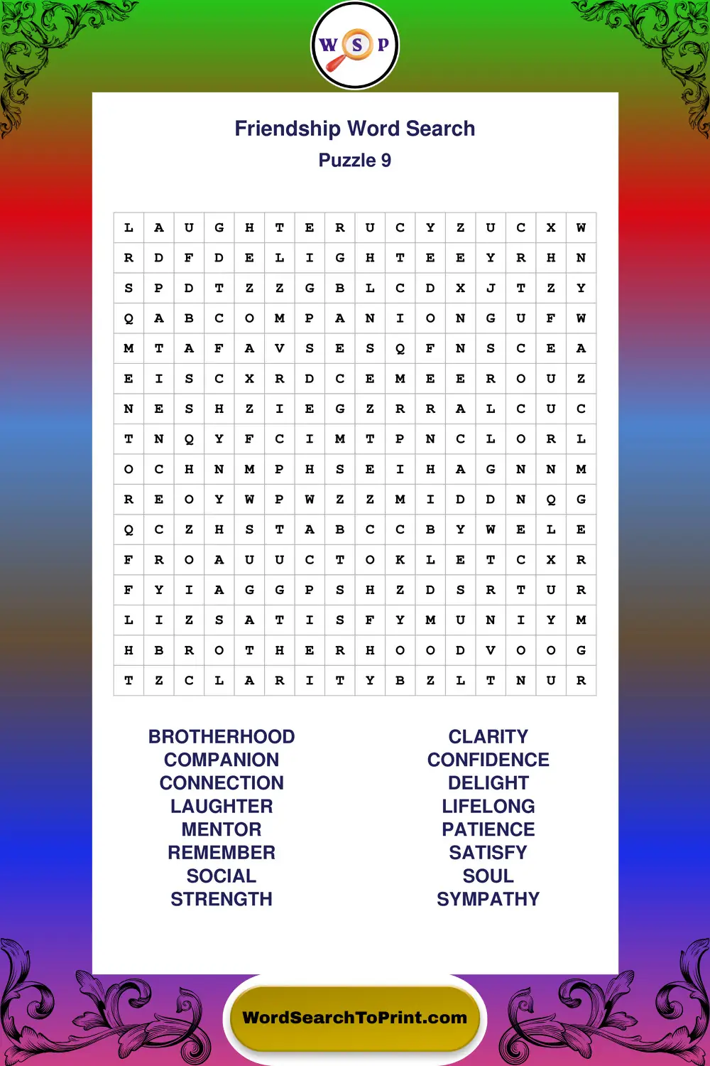 Friendship Word Search Puzzle 9