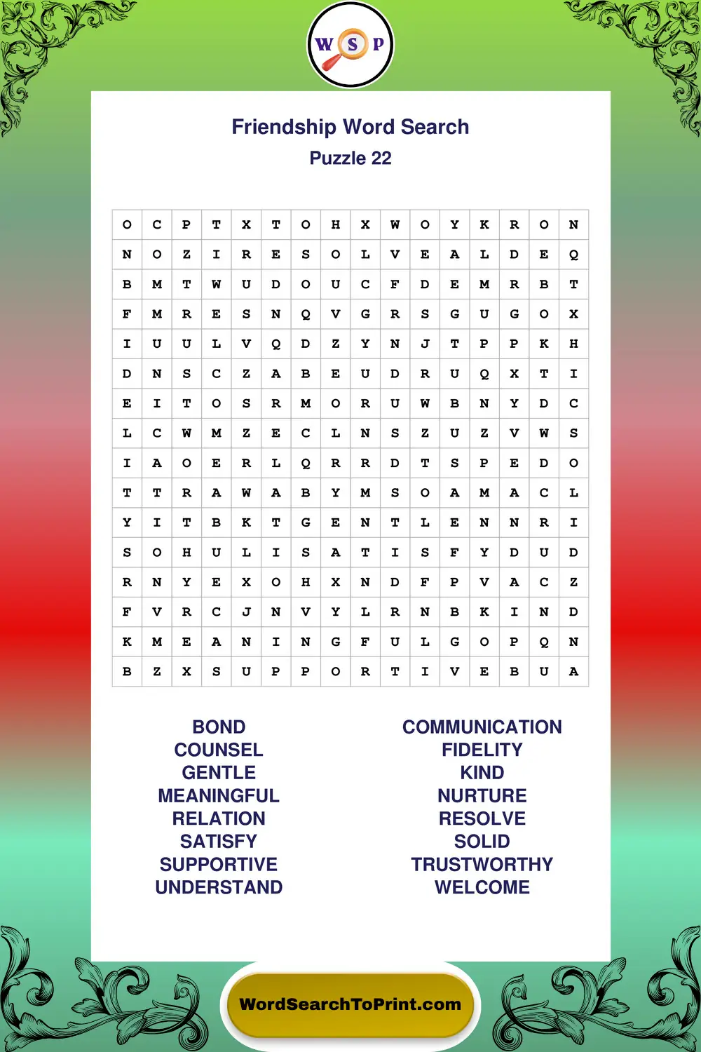 Friendship Word Search Puzzle 22