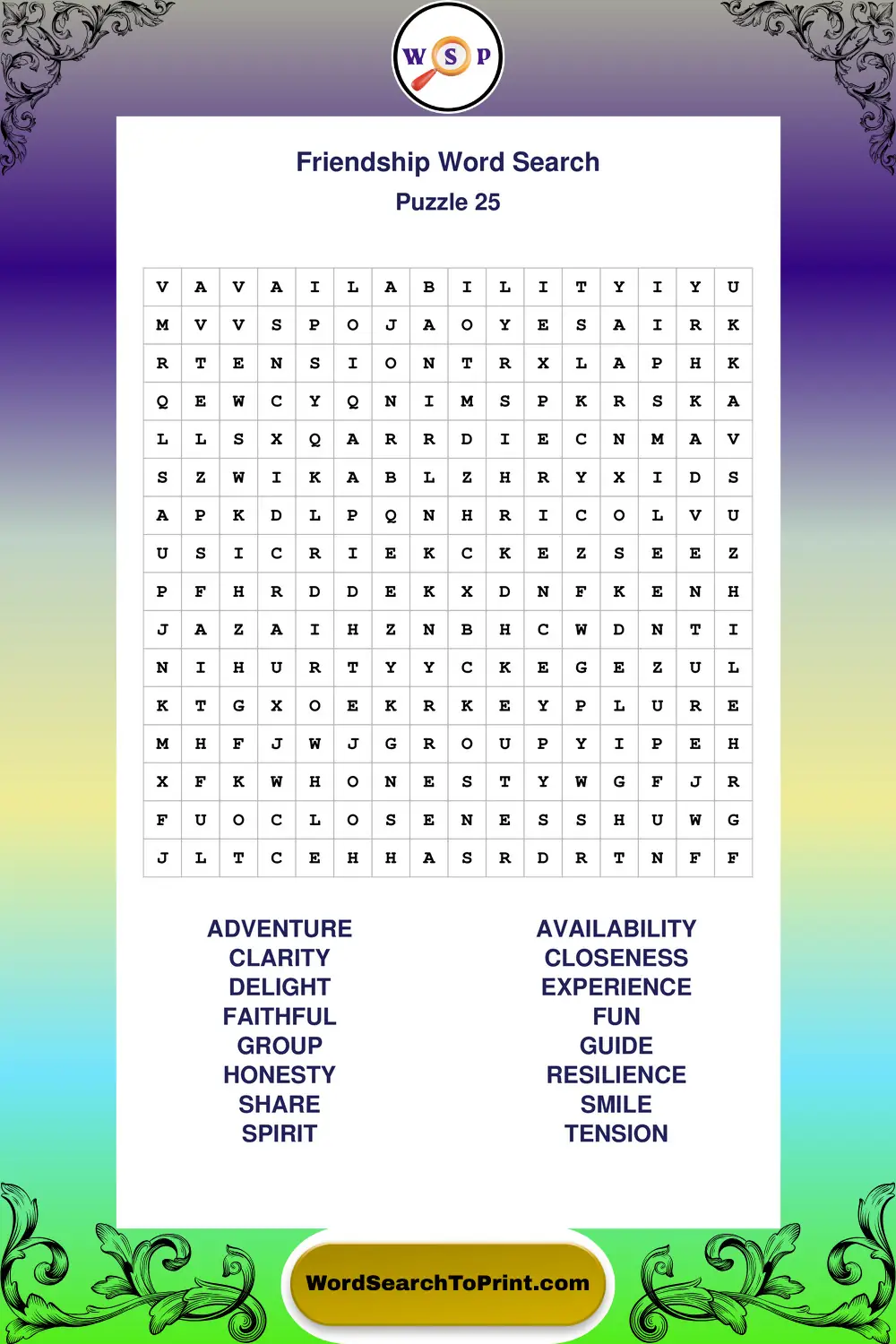 Friendship Word Search Puzzle 25