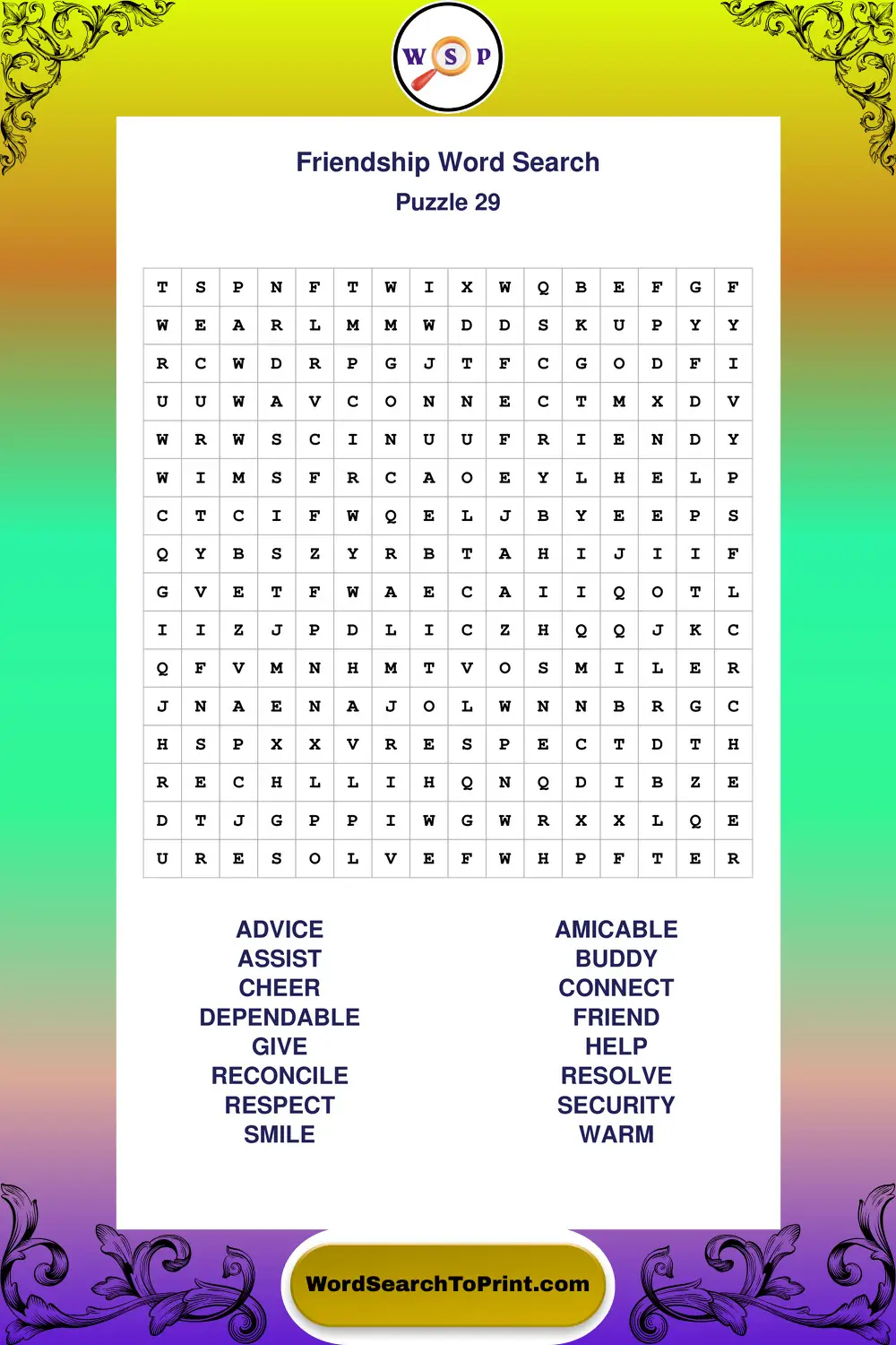Friendship Word Search Puzzle 29