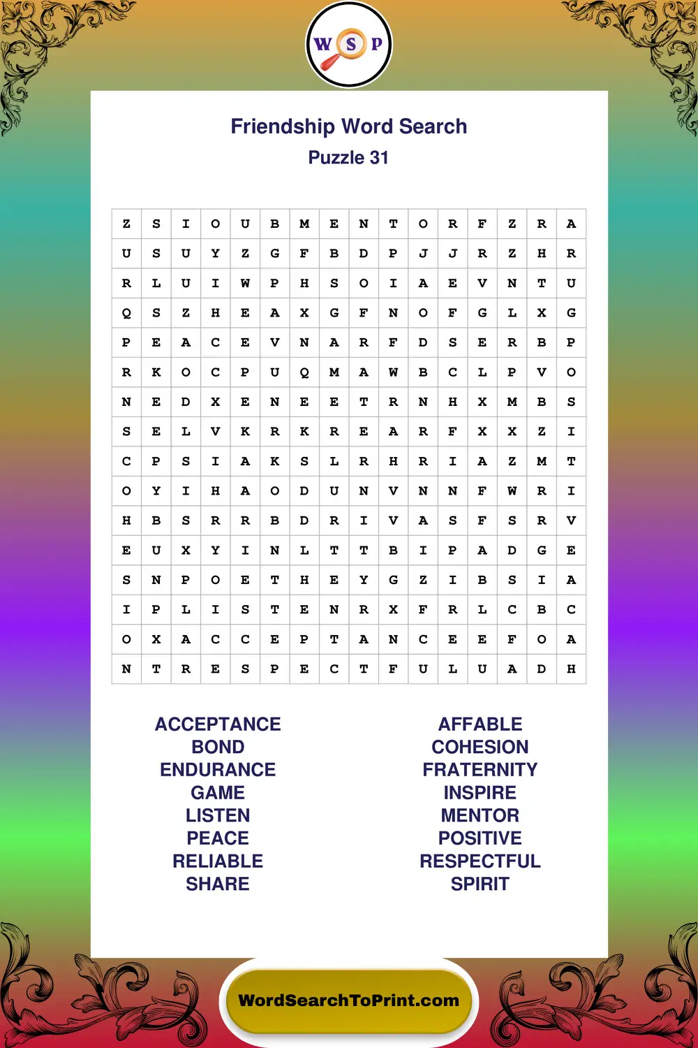 Friendship Word Search Puzzle 31