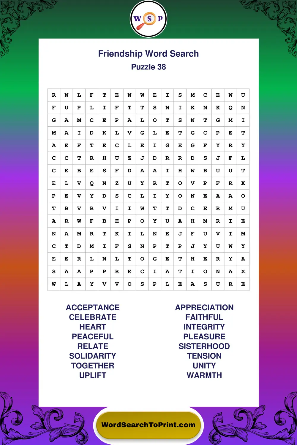 Friendship Word Search Puzzle 38