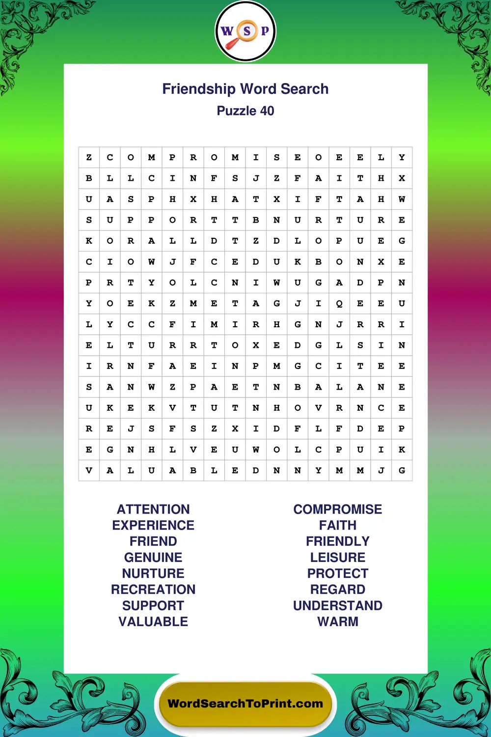 Friendship Word Search Puzzle 40