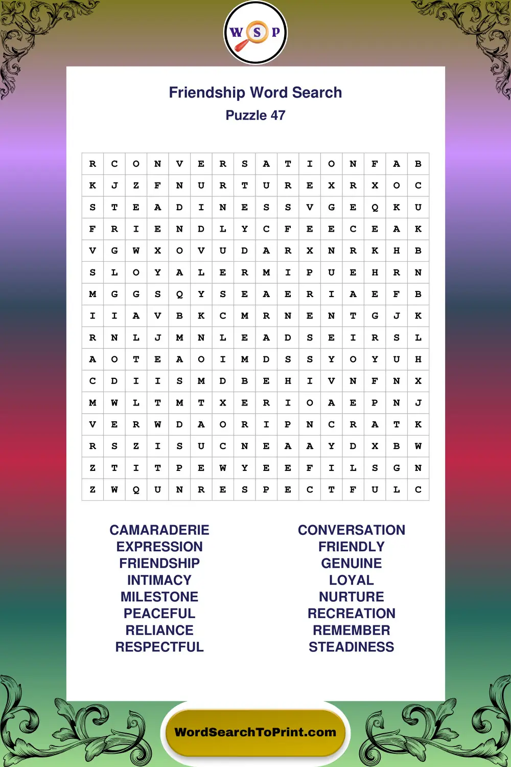 Friendship Word Search Puzzle 47