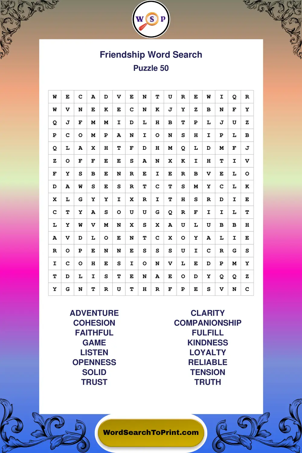 Friendship Word Search Puzzle 50