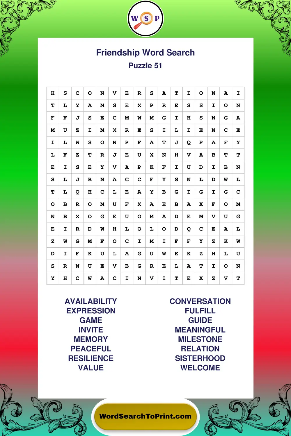 Friendship Word Search Puzzle 51