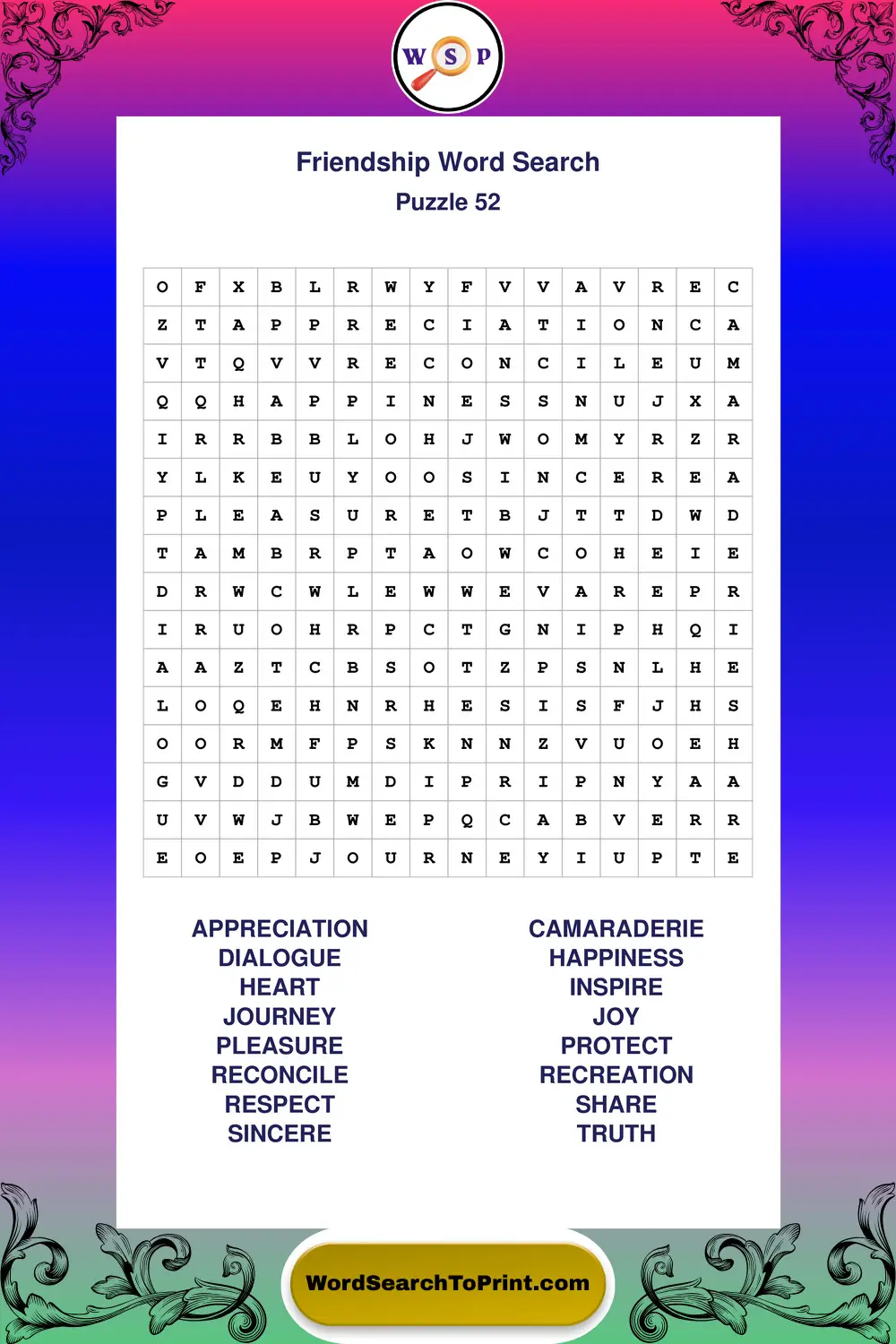 Friendship Word Search Puzzle 52