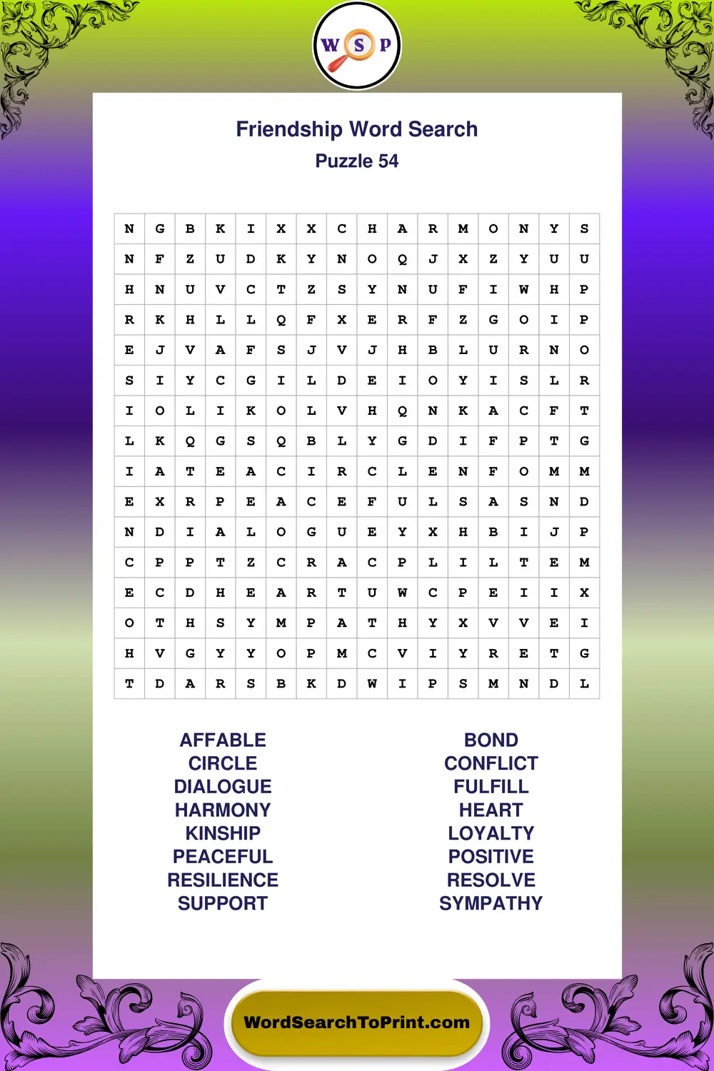Friendship Word Search Puzzle 54