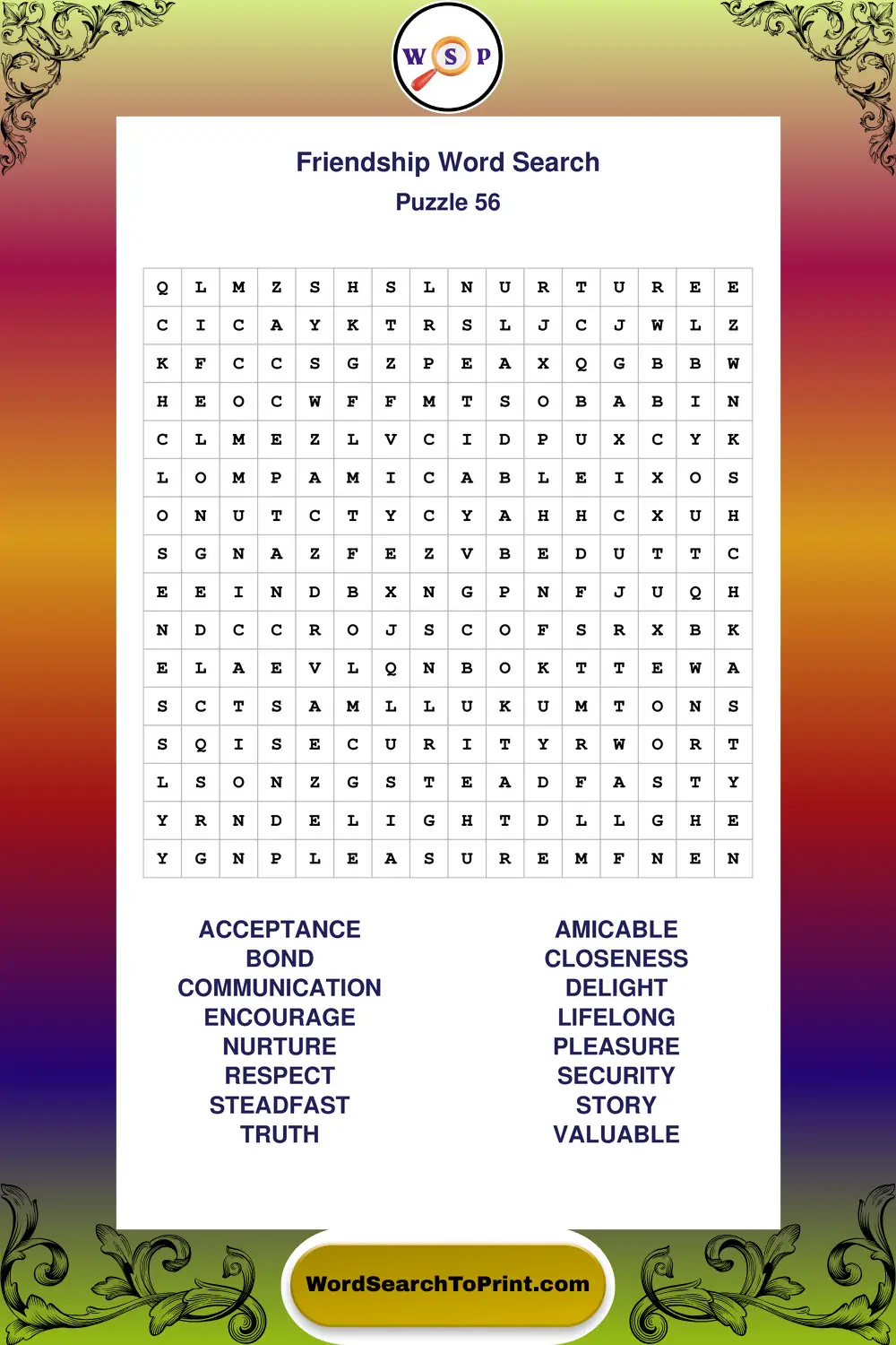Friendship Word Search Puzzle 56