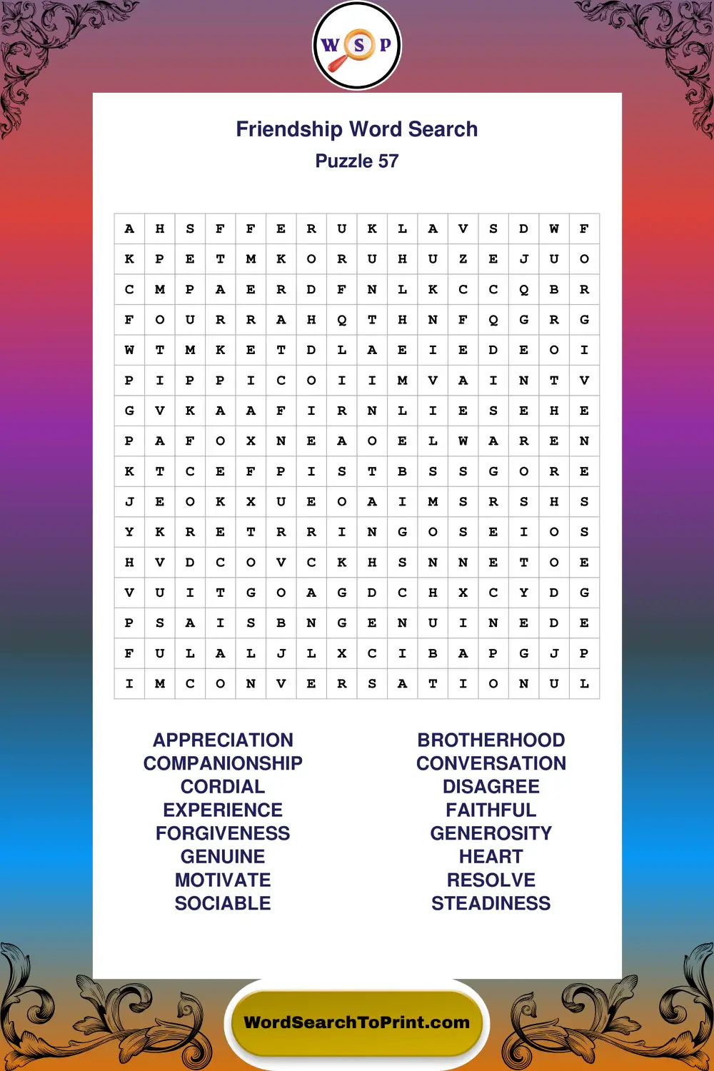 Friendship Word Search Puzzle 57