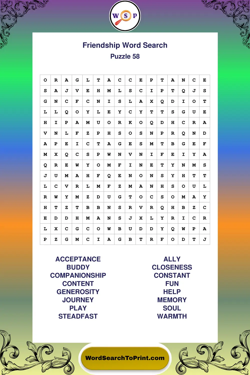 Friendship Word Search Puzzle 58