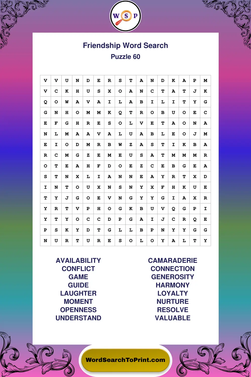 Friendship Word Search Puzzle 60